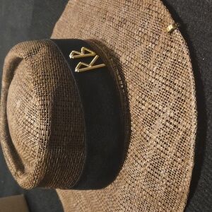 Ruslan Baginskiy RB Logo Wide Brim Brown Straw Sun Hat Black Band